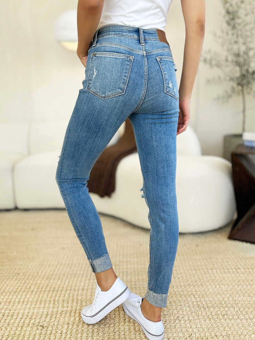 Medium Blue Mid Rise Destroy & Cuff Skinny Jeans - Chic Style, jeans, $ 69.00, A Moment Of Now™