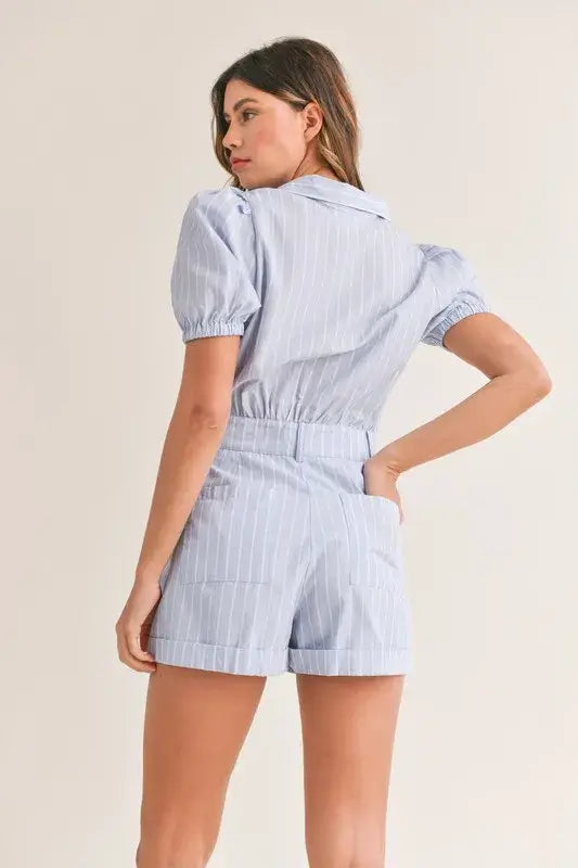 Light Blue Striped Puff Sleeve Collared Neck Romper - Chic Style, Rompers, $ 65.00, A Moment Of Now™