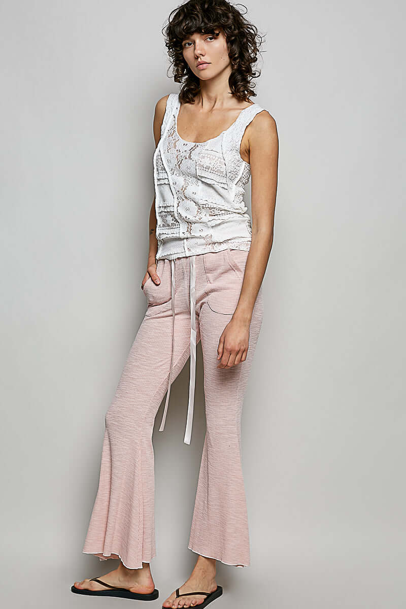 Blush Pink Drawstring Ribbed Knit Flare Pants | POL, Pants, $ 65.00, A Moment Of Now™