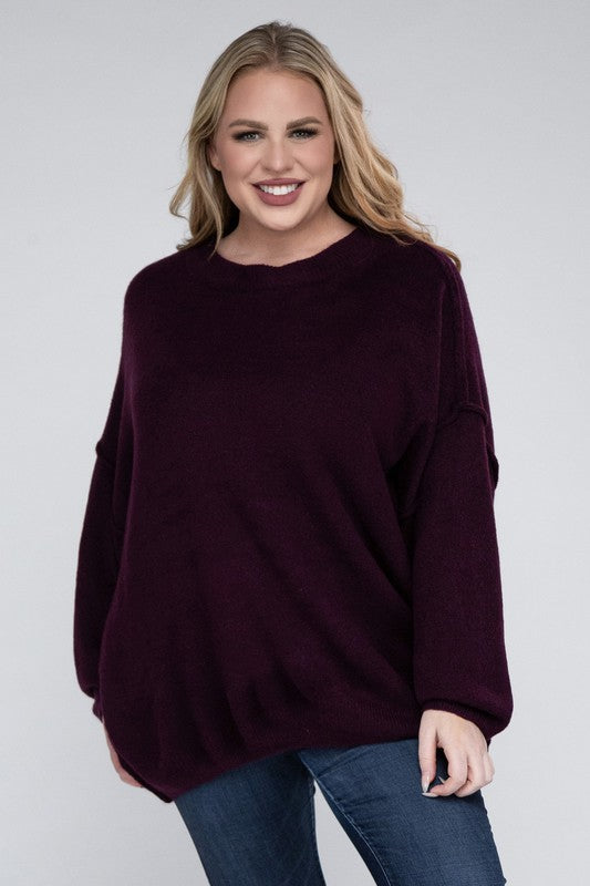 Shop Plus Oversized Round Neck Raw Seam Melange Sweater, Sweaters, USA Boutique