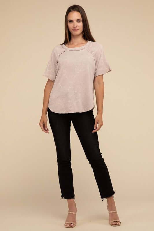 Back Patch Crinkle Washed Raglan Sleeve T-Shirt, ZENANA, $ 27.95