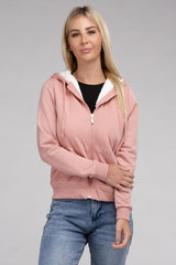 Fuzzy Trim Zip-Up Crop Hoodie Jacket