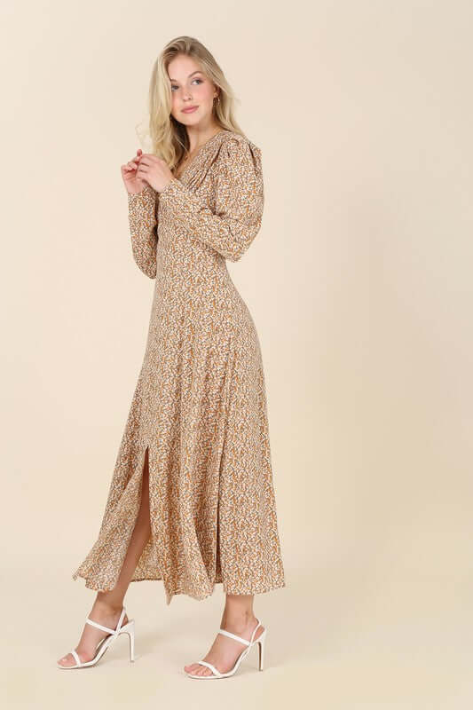 Beige Flare Floral Puff Shoulder Maxi Dress, Lilou, $ 41.95