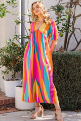 Colorful Striped Puff Sleeve Wide Leg Jumpsuit