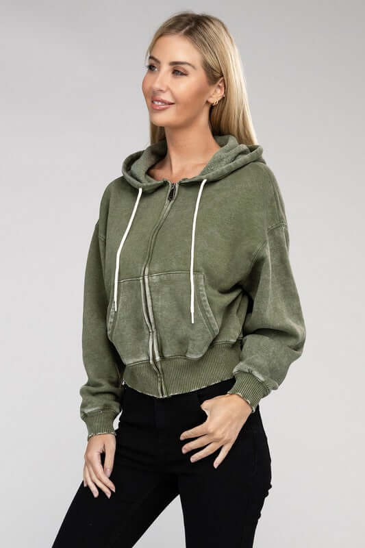 Acid Wash Fleece Cropped Zip-Up Hoodie, ZENANA, $ 49.95