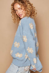 Cornflower Blue Daisy Pattern Drop Shoulder Sweater, POL, A Moment Of Now