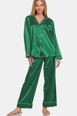 Hunter Green Satin Long Sleeve Shirt and Pants Pajama Set