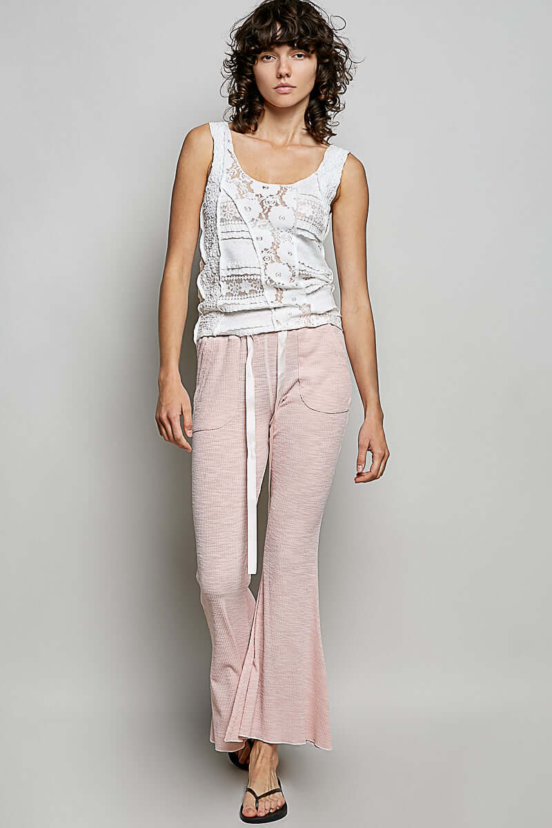 Blush Pink Drawstring Ribbed Knit Flare Pants | POL, Pants, $ 65.00, A Moment Of Now™