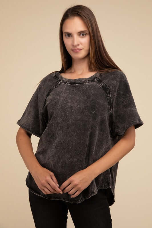 Back Patch Crinkle Washed Raglan Sleeve T-Shirt, ZENANA, $ 27.95