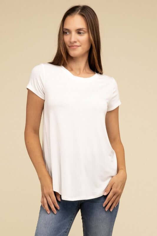 Flowy Round Hem Rayon Short Sleeve Top, ZENANA, $ 16.95