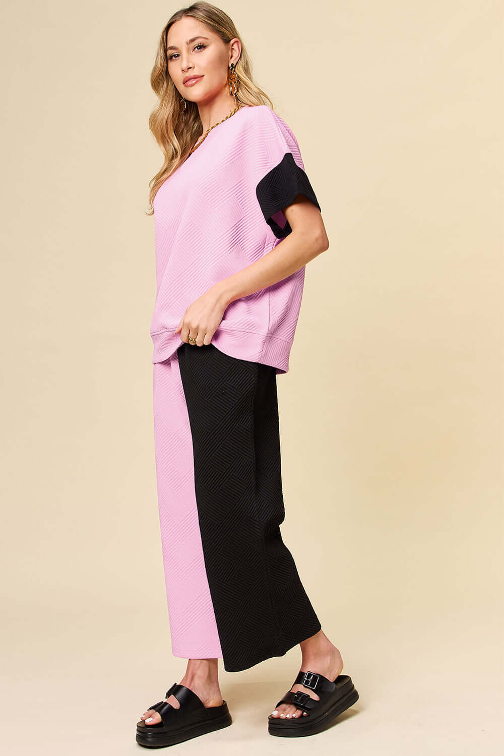 Short Sleeve Contrast T-Shirt and Wide Leg Pants Set, Double Take, A Moment Of Now