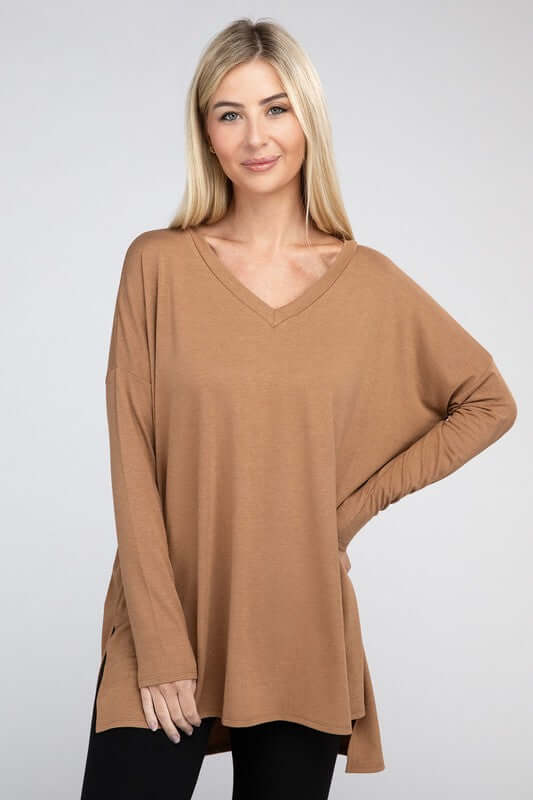 Dolman Long Sleeve V-Neck Side Slit Hi-Low Hem Top, ZENANA, $ 19.00