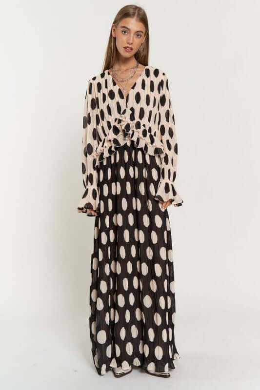 Shop Polka Dot Ruffled Long Sleeve Pleated Maxi Dress in Taupe Black, Dresses, USA Boutique