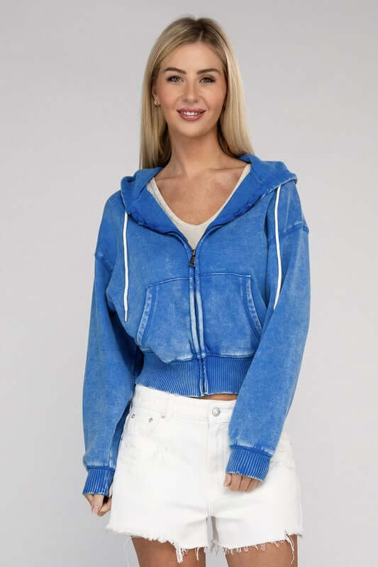 Acid Wash Fleece Cropped Zip-Up Hoodie, ZENANA, $ 49.95