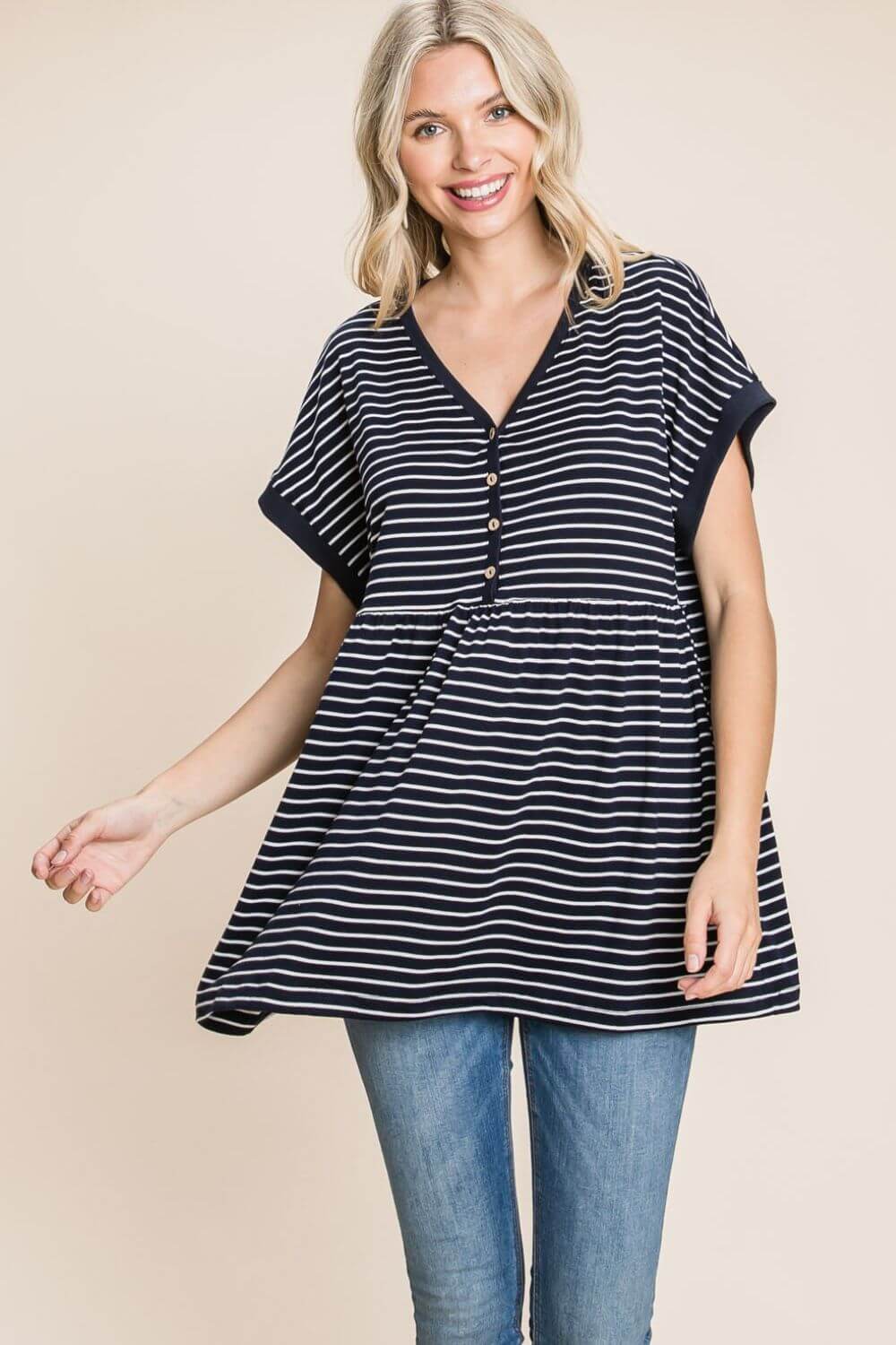 Black and White Striped Button Top - Trendy Baby Doll Style, Tops, $ 25.00, A Moment Of Now™