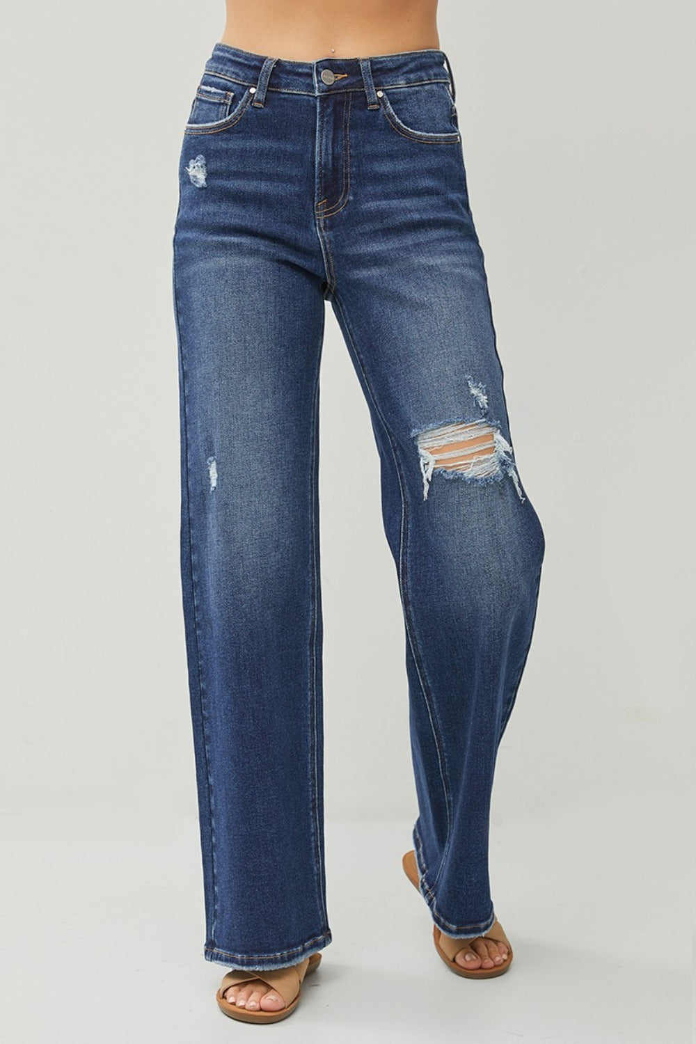 Dark Blue High Rise Distressed Wide Leg Jeans