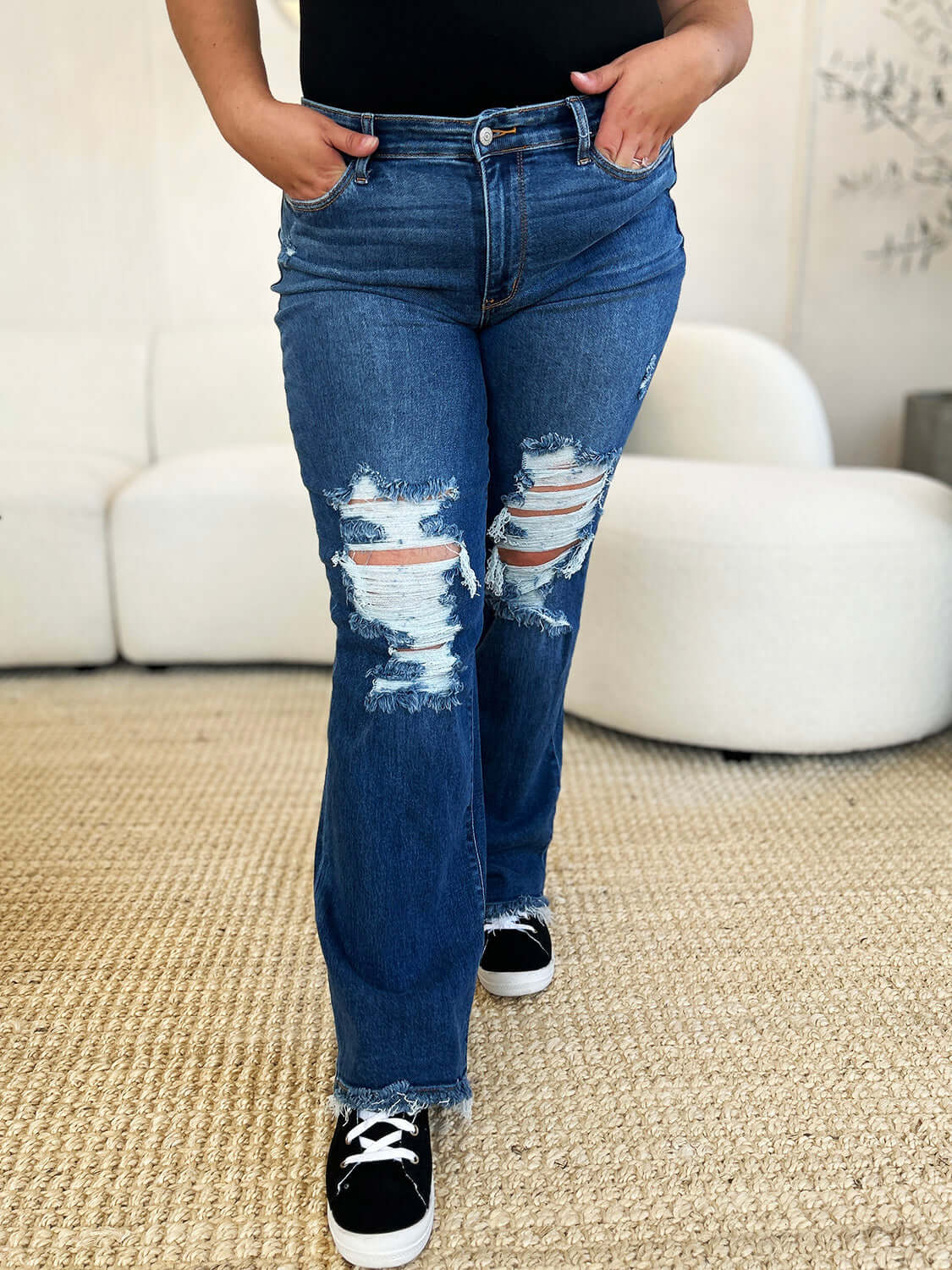 Judy Blue Dark Blue Mid Rise Distressed Raw Hem Jeans, Judy Blue, $ 69.00