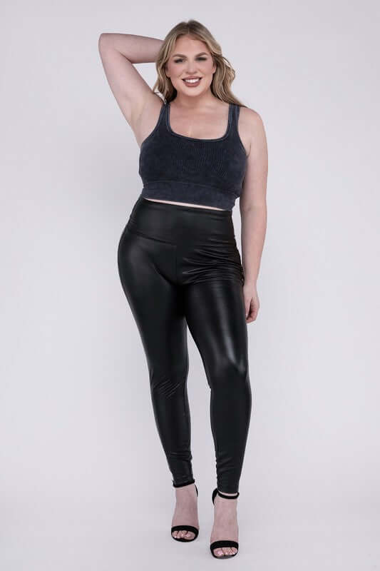 Women's Black Plus Size High Rise Faux Leather Leggings Pants, ZENANA, $ 41.95