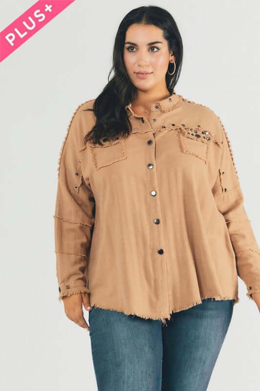 Plus Distressed hem button down oversize shirt, Davi & Dani, $ 69.00