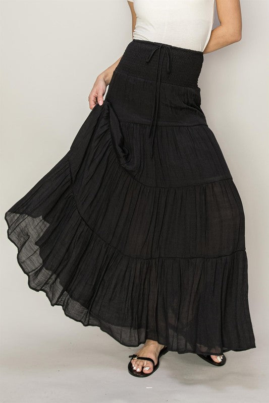 Black D-Drawstring Waist Tiered Maxi Skirt