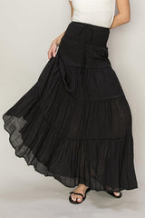 Black D-Drawstring Waist Tiered Maxi Skirt