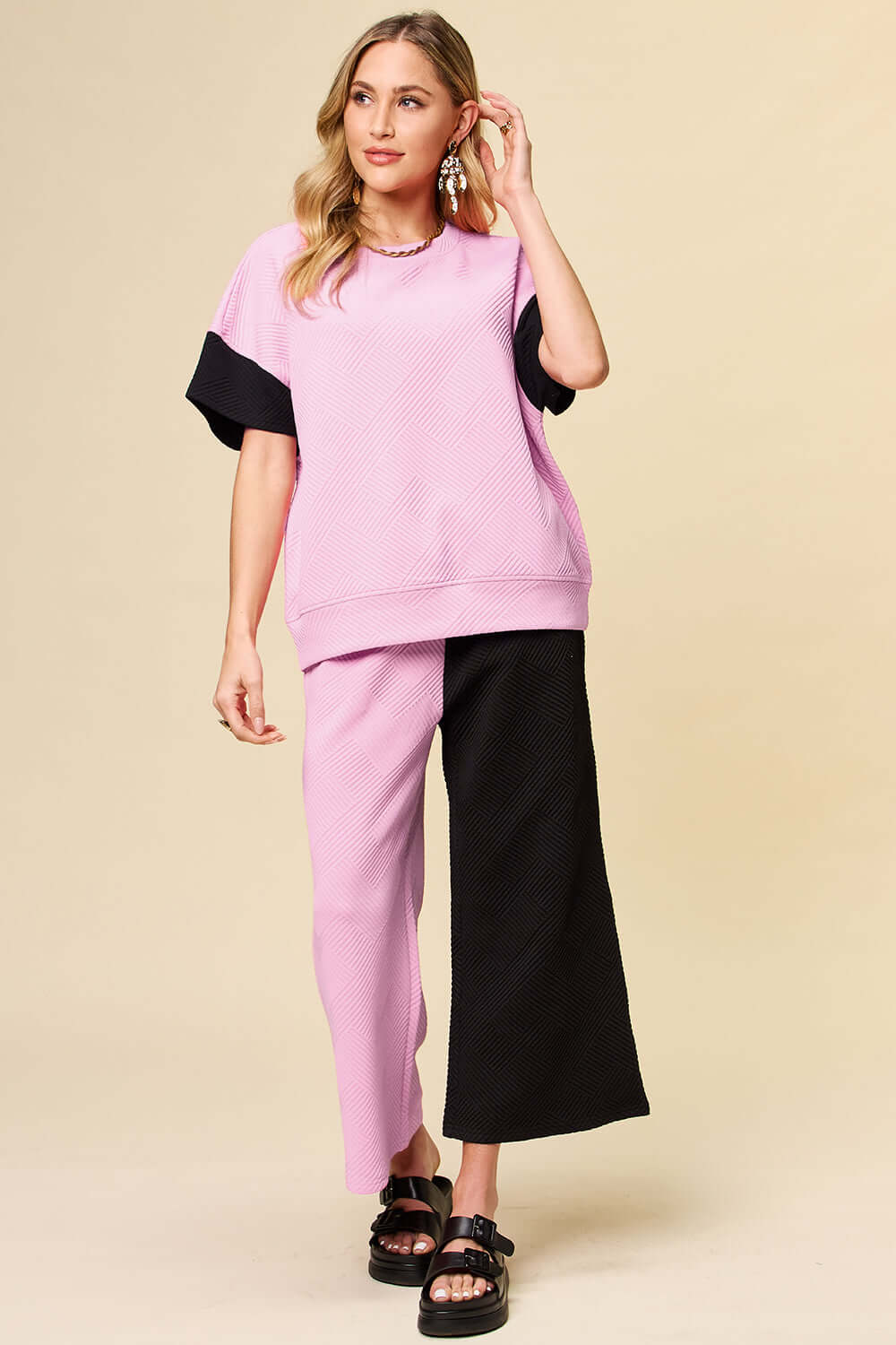 Short Sleeve Contrast T-Shirt and Wide Leg Pants Set, Double Take, A Moment Of Now