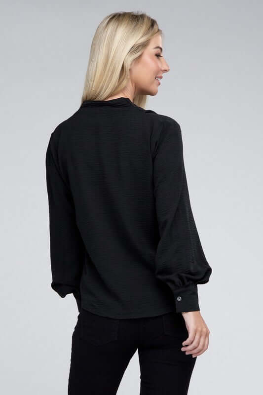 Woven Airflow V-Neck Long Sleeve Top, ZENANA, $ 26.95