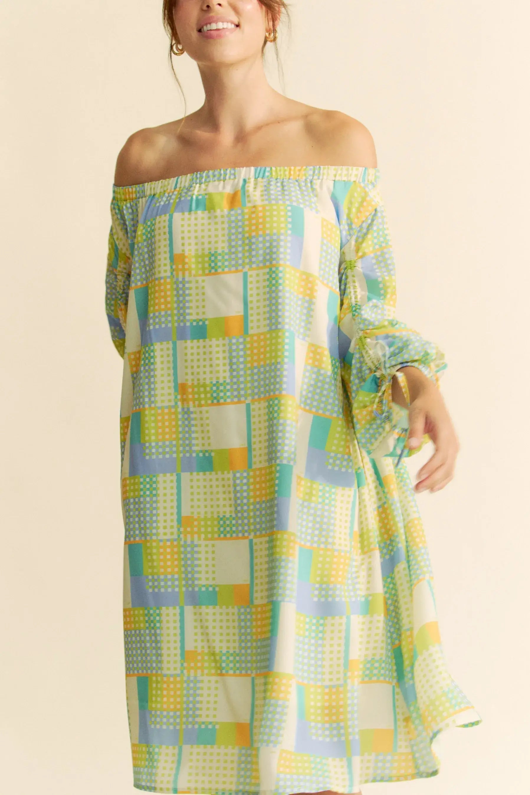 Blue Cream Off Shoulder Mini Dress - Summer Chic, Dresses, $ 55.00, A Moment Of Now™