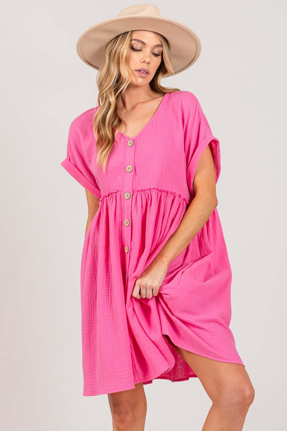 Pink Button Up Short Sleeve Dress - Chic & Versatile Style, Dresses, $ 45.00, A Moment Of Now™