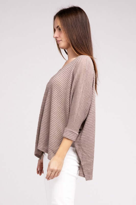 3/4 Sleeve V-Neck Hi-Low Hem Jacquard Sweater, ZENANA, $ 24.95