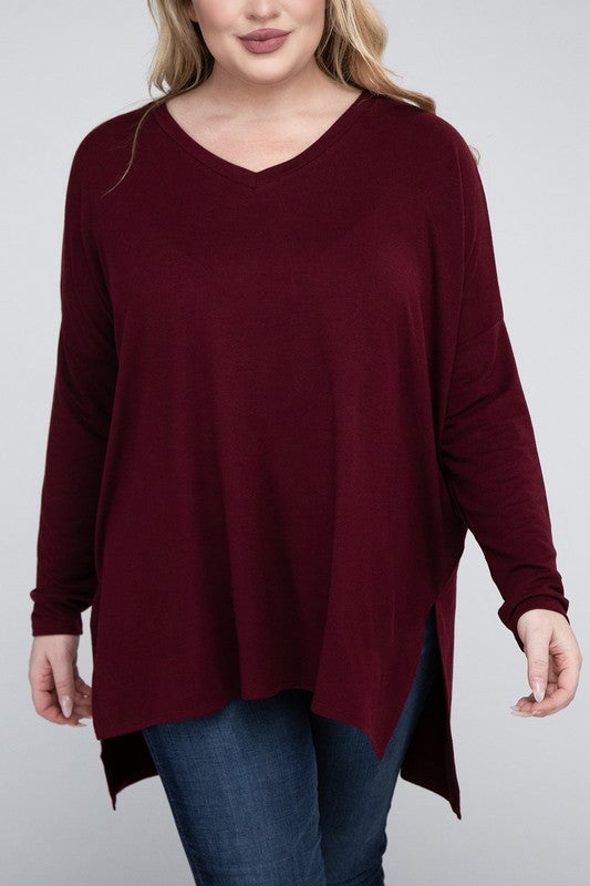 Shop Plus Size Dolman Sleeve V-Neck Side Slit Hi-Low Hem Top For Women, Tops, USA Boutique