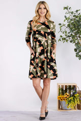 Olive Geometric Round Neck Dress with Pockets, Celeste, $ 49.00