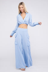Shop Women's Sky Blue Wrapping Style Shirts & Wide Pants Set | USA Boutique, Outfit Sets, USA Boutique