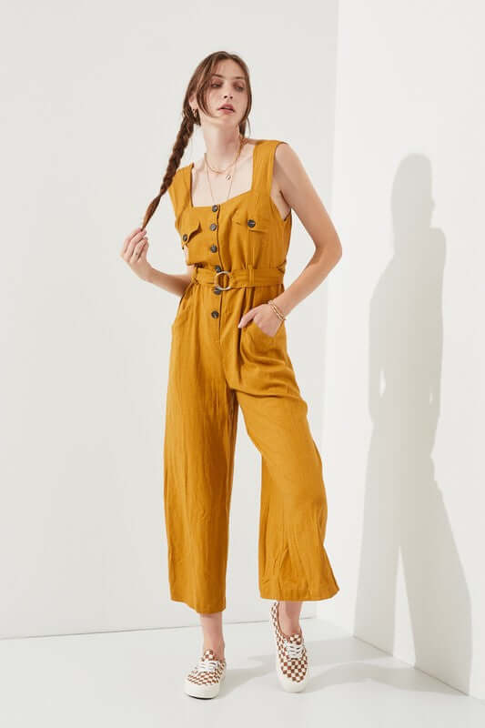 SLEEVELESS SQUARE NECK BUTTON DOWN ANKLE JUMPSUIT, Jade By Jane, $ 86.95