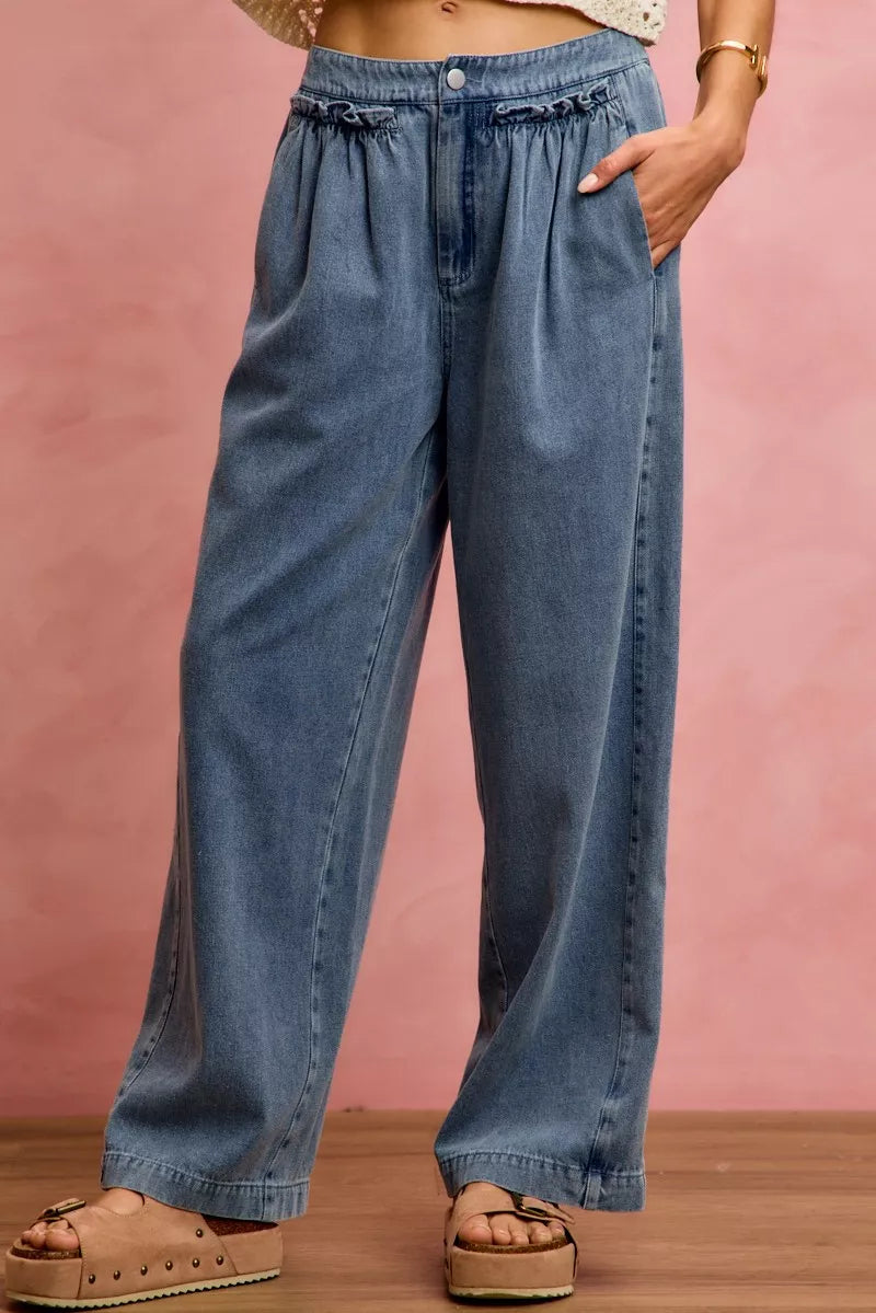 Mid Rise Ruffled Front Elastic Wide Leg Jeans | Boutique In USA, Jeans, $ 59.00, A Moment Of Now™