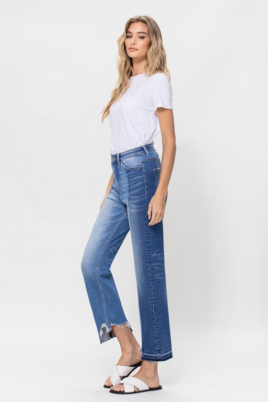 Super High Rise Straight W/Contrast and Hem Detail Jeans