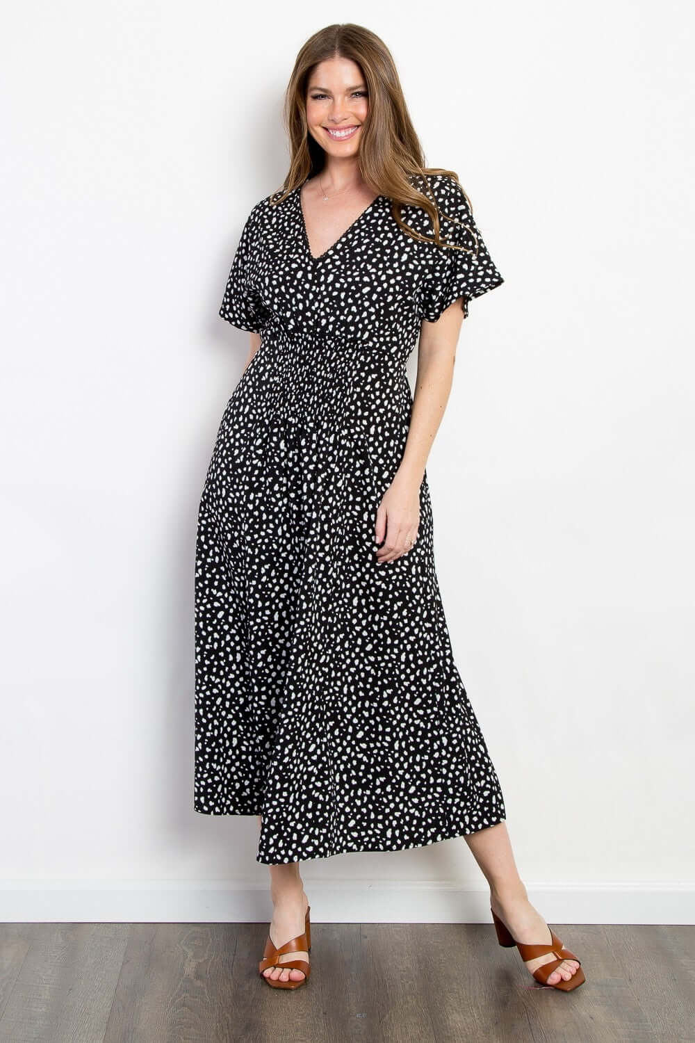 Black Printed Smocked Waist Midi Dress, Be Stage, A Moment Of Now