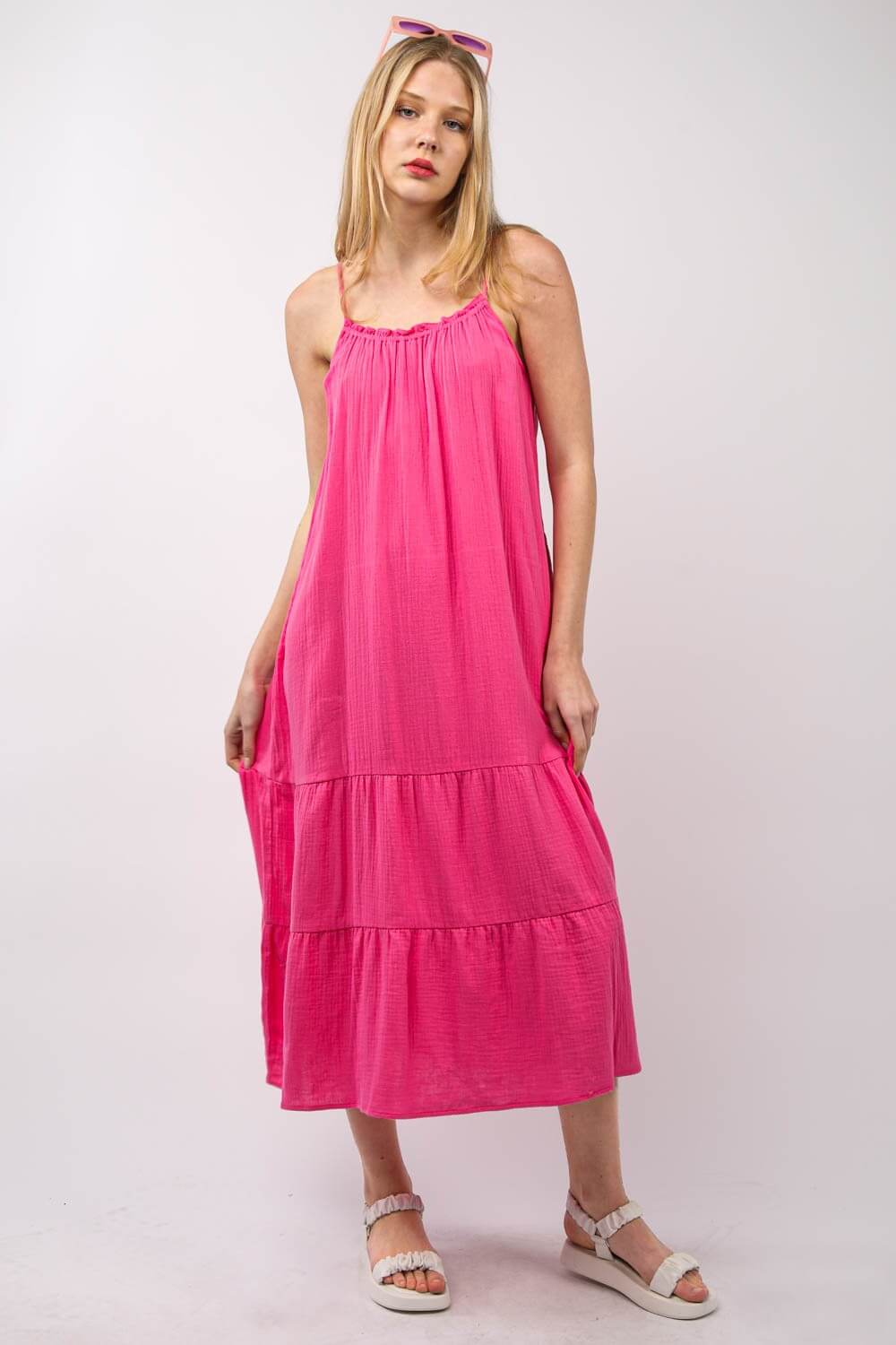 Fuchsia Ruffled A-Line Tired Midi Cami Dress, VERY J, $ 49.00