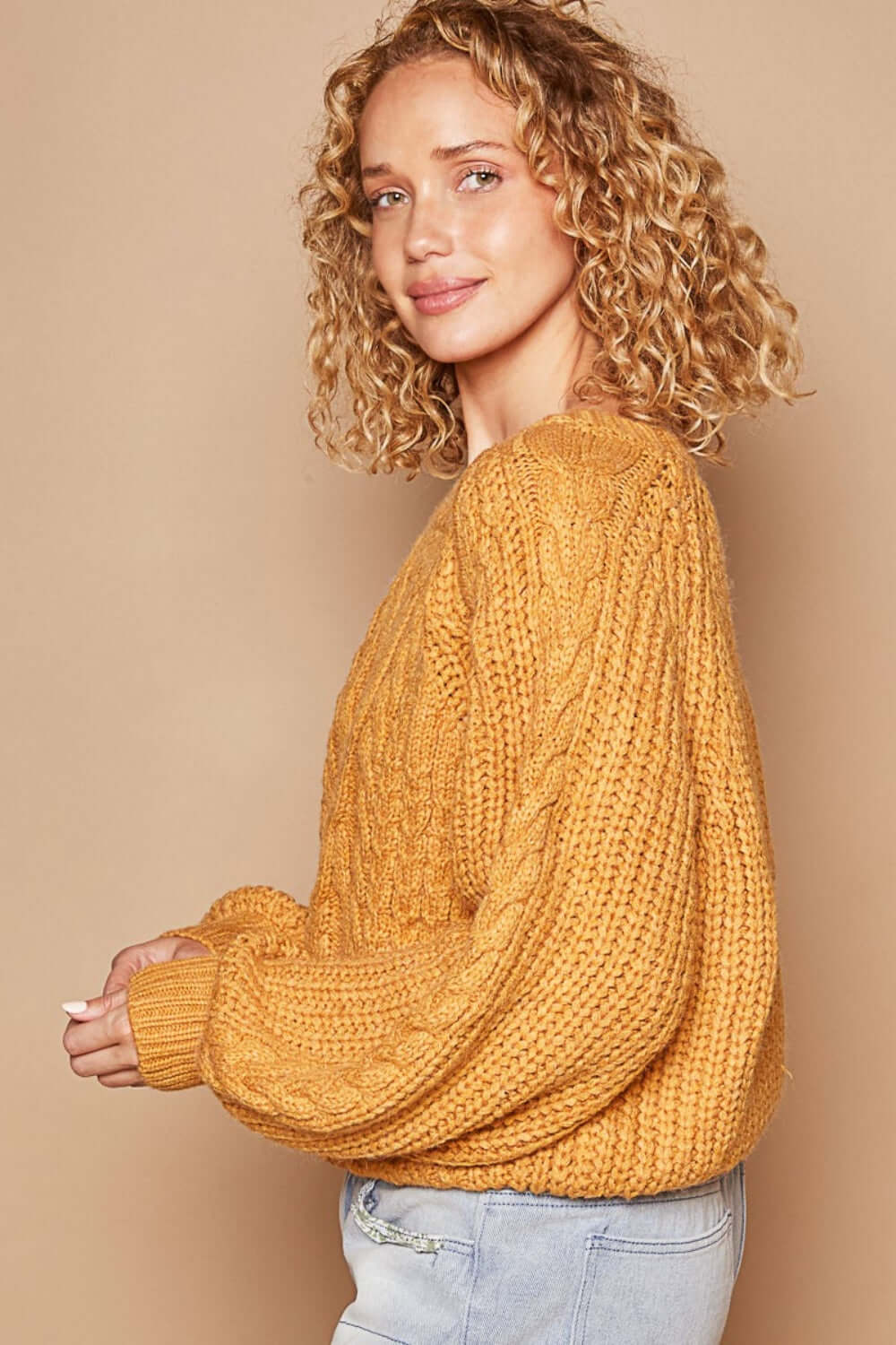 Honey Mustard Cable Knit Cutout Long Sleeve Sweater, POL, $ 49.00