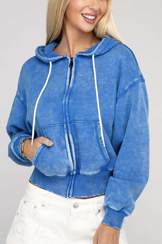 Acid Wash Fleece Cropped Zip-Up Hoodie, ZENANA, $ 49.95