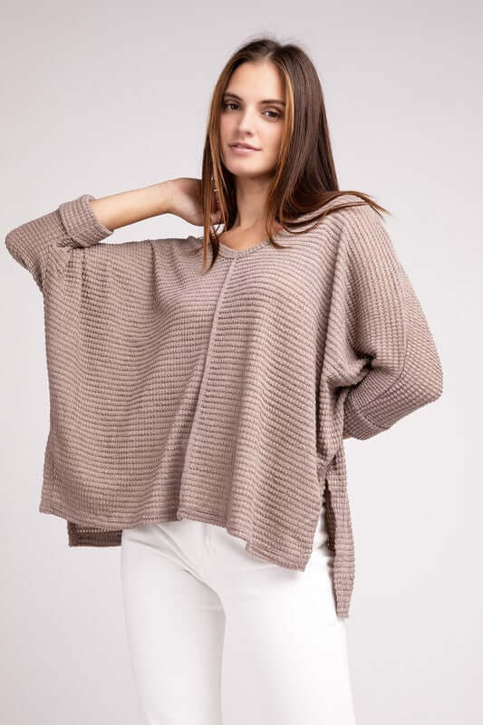 3/4 Sleeve V-Neck Hi-Low Hem Jacquard Sweater, ZENANA, $ 24.95