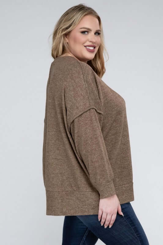 Plus Size Brushed Melange Drop Shoulder Sweater, ZENANA, $ 28.95