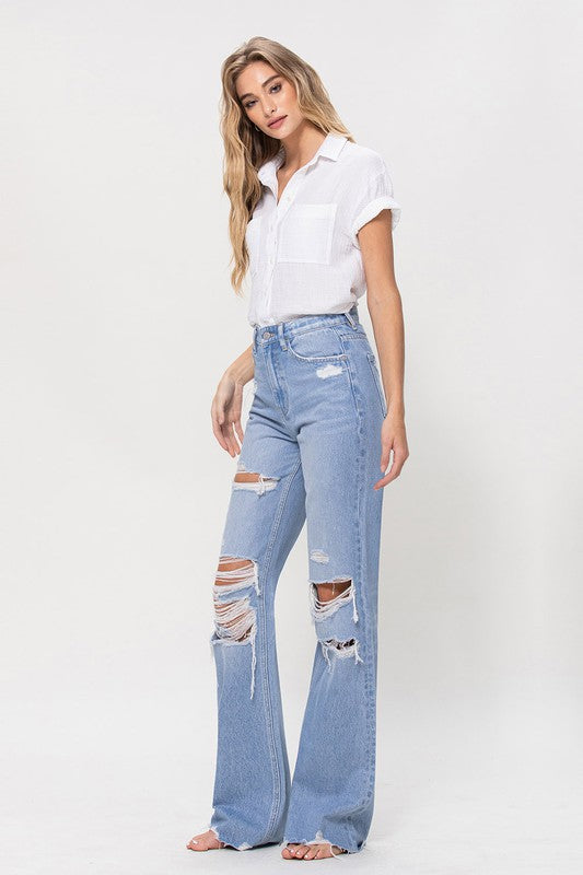 90s Vintage Light Denim Distressed Flare Jeans