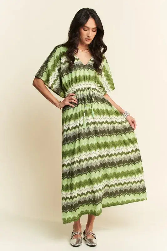 Sage Green Wavy Pattern Tie Waist Dress - Flowy Elegance, Dresses, $ 55.00, A Moment Of Now™
