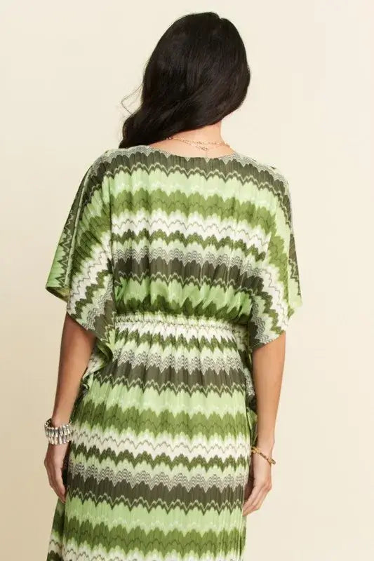 Sage Green Wavy Pattern Tie Waist Dress - Flowy Elegance, Dresses, $ 55.00, A Moment Of Now™