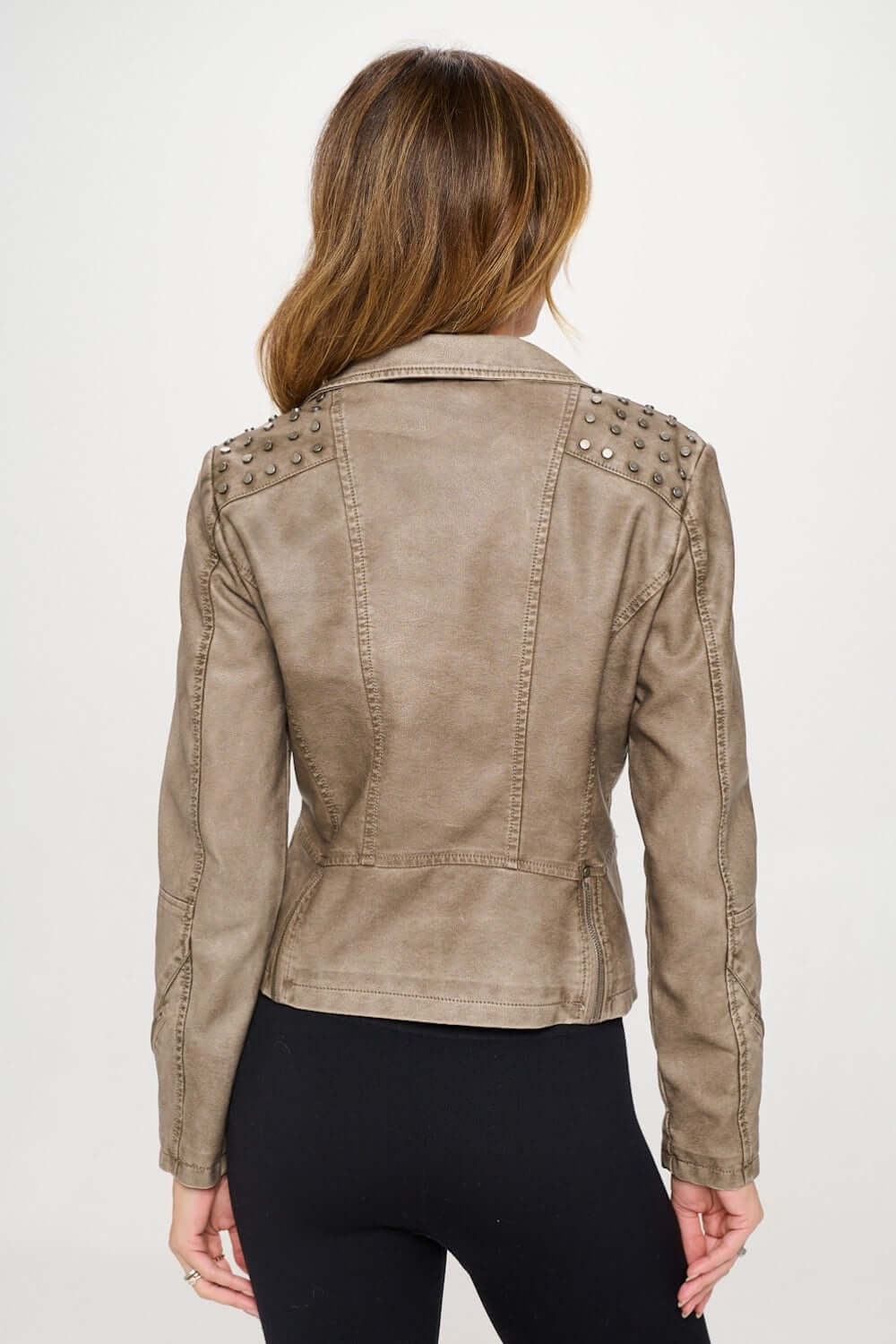 Mocha Brown Studded Classic Moto Faux Leather Jacket - Edgy Style, Jackets, $ 79.00, A Moment Of Now™