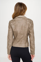 Mocha Brown Studded Classic Moto Faux Leather Jacket