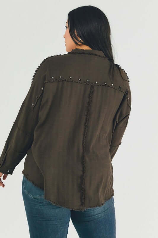 Plus Distressed hem button down oversize shirt, Davi & Dani, $ 69.00