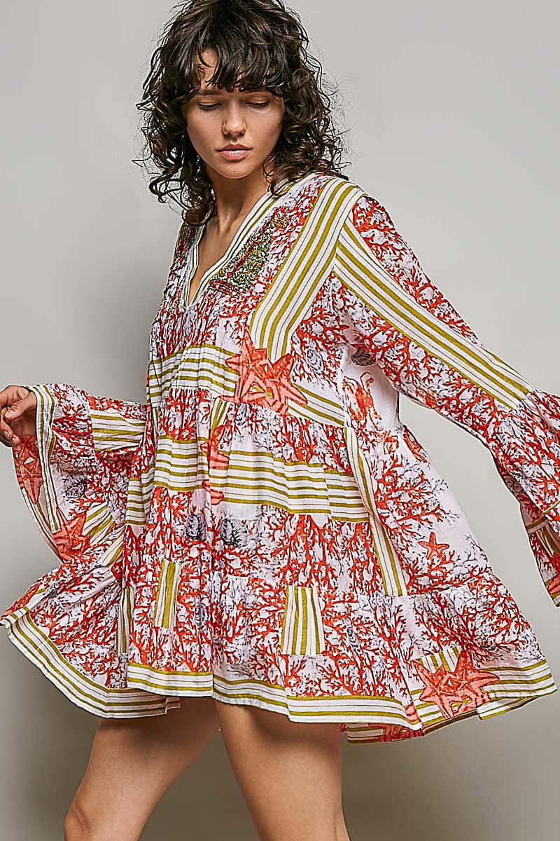 Red Striped Floral Long Sleeve Mini Dress with Pintuck Detail, Dresses, $ 60.00, A Moment Of Now™