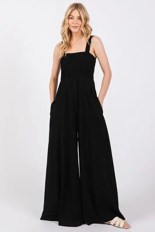 Black Smocked Flowy Wide Leg Jumpsuit, Jumpsuits, $ 49.00, A Moment Of Now™